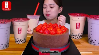 Korean Strawberry Chocolate Cake & Bubble MilkTea Mukbang