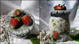 Decoupage jar with handmade strawberries 🍓🍓🍓