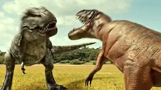 Humans witness the battle between tyrannosaurus rexes on a desert island!