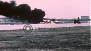 US Navy F-4J Phantom II aircraft takeoff and crash in St. Louis, Missouri; Fireme...HD Stock Footage