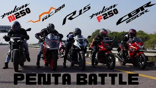 Honda CBR250R vs Yamaha R15M vs KTM RC200 vs Bajaj Pulsar N250 vs Pulsar F250 Drag Race