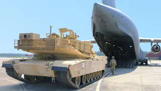 Loading Massive 60 tons M1 Abrams Armored Inside US C-17 Globemaster III