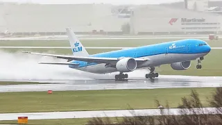 (4K) WIND & RAIN - Bad weather Plane spotting day at Amsterdam airport Schiphol!