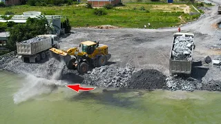 Mind Blow Construction Job! Bulldozer, Wheel loader, Dump Truck Moving Stone To Water