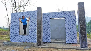 The girl alone built a house in nature, cement plastering and wall tile techniques