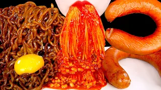 ASMR SPICY ENOKI MUSHROOMS TRUFFLE BLACK BEAN NOODLES 불닭팽이버섯 트러플짜파게티 먹방 MUKBANG EATING SOUNDS 咀嚼音えのき