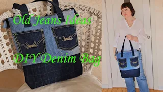 HOW TO SEW SHOPPER BAG WITH ZIPPER FROM OLD JEANS / BAG TUTORIAL / UPCYCLE CRAFT