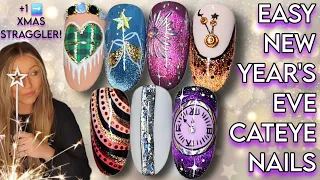 🎆 Easy New Year's Eve Cateye Nail Art Designs | Firework Glitter Chrome Clock Champagne | Gel Nails