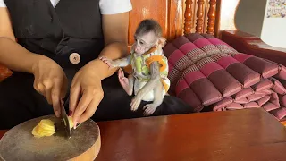 Small Baby Boy Tobai Sit Look Mom Cutting Vegetables