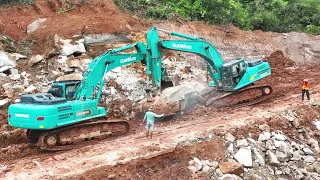 Stone Explosion Mountain Road Construction Project Massive Excavator Moving Huge Stone On Hilly