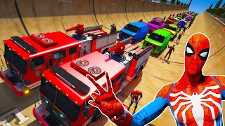Spider-Man and Friends Biggest Skateboard Ramp Challenge on Cars and Fire Trucks GTA 5