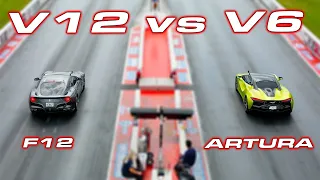 V12 vs V6 * 750HP Ferrari F12 vs 670 HP McLaren Artura 1/4 Mile Drag Race