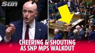 Cheering & shouting as SNP MPs walkout of their own vote in the Commons