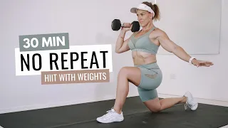 30 MIN NO REPEAT HIIT with Weights | For Fat Burn & Cardio 🔥Burn 209 Calories🔥