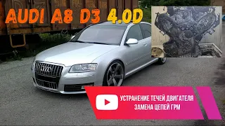 Audi A8 D3 4.0TD устранение течей, снятие двигателя, замена цепей грм