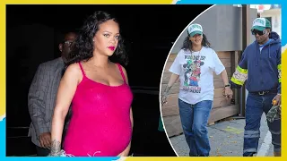 Pregnant Rihanna rocks hot pink mini dress with feathers for dinner in LA.
