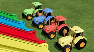 TRACTORS OF COLORS ! TOY TRACTORS JUMPING ON SLIDE  ! HAY BALING , SELLING ! Farming Simulator 22