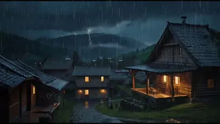 fast sleep with heavy rain and lightning in mountain village | Relaxation and Maditation