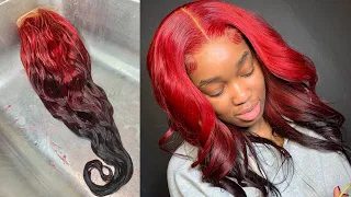 RED REVERSE OMBRE TUTORIAL USING THE WATER COLOR METHOD + HOW TO REPLACE AN OLD CLOSURE ON A WIG