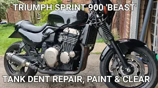 Triumph Sprint 900 'Beast'. Tank dent repair, paint & clear.