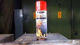 Crushing small fire extinguisher with hydraulic press