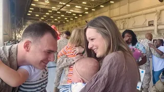 Marine Dad Meets Baby at Deployment Homecoming