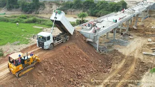 Amazing Powerful Dozer Pushing Soil & Dump Trucks Dumping Soil Build Road Best Connection Processing