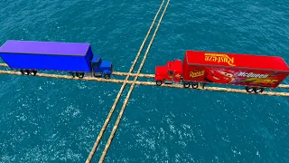 Mack Truck Vs Thomas Truck Vs 2 Parallel Cross Log Bridge Vs Deepwater - BeamNG.Drive