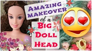 REPAINTING BIG BARBIE DOLL HEAD / FLOWER PRINCESS OOAK / How To Draw Realistic Face, Eyes, Lips