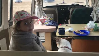 Vw t2 on beach with kids