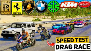 GTA 5: WORLD FAMOUS SPORTS CARS Vs SUPER FAST BIKE | FULL HIGHWAY DRAG RACE + SPEED TEST | GTA 5 MOD