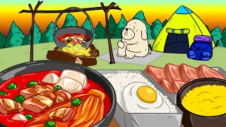 캠핑 돼지고기 김치찌개, 스팸, 계란찜, 쌀밥에 후라이! 마지막엔 라면사리... 먹방 / ASMR /MUKBANG ANIMATION / 사실만만 / Sasilmanman