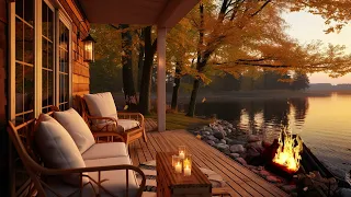 Cozy Autumn 4K 🍁 - Lakeside Porch, Forest fire Sound With Gentle Water Sound Relax, Easy to Sleep