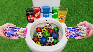 Football VS Mentos and Popular Sodas !! Fanta, Coca Cola, Monster, Sprite and Mentos in the toilet