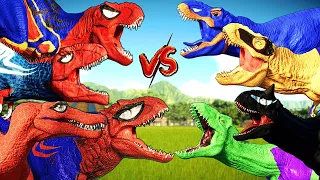 ALL SPIDER-MAN TEAM vs. ALL SUPERHERO TEAM FIGHTING IN JURASSIC WORLD EVOLUTION 2 , I-REX VS T-REX