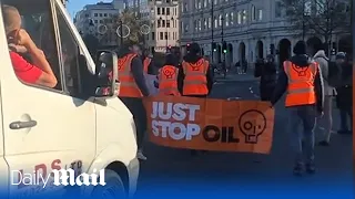 Van driver furiously revs his engine at Just Stop Oil protesters causing chaos in London city centre