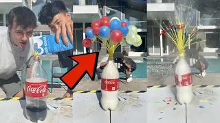 100 Balloons EXPLODE from Coke Bottle!! 😱 - #Shorts