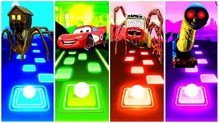 Spider House Head vs Thomas The Train exe vs Bus Eater vs Lightning Mcqueen l Tiles Hop EDM Rush!!