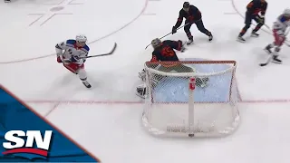 Oilers' Campbell Flashes The Leather To Rob Rangers' Vesey On The Doorstep