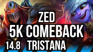 ZED vs TRISTANA (MID) | Quadra, 5k comeback, 17/2/8, Legendary, 800+ games | KR Challenger | 14.8