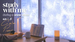 4-HOUR STUDY WITH ME ❄️ in a SNOW STORM / 🎹 Calm Piano Music / Pomodoro 50-10 [music ver.]