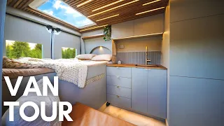 VAN TOUR with HIDDEN SHOWER | Modern, Cozy DIY VAN BUILD with Expanding Kitchen, Skylight and Garage