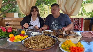 Cooking Dinner – A Delicious Dish of Beef and Fish Mackerel / Tripe. Fish in TANDIR