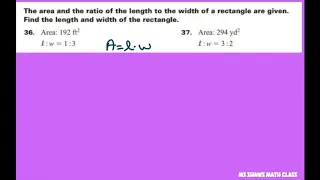 The area and ratio of length to width are given. Find the length and width of rectangle