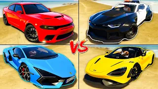 Lamborghini Revuelto vs Dodge Charger vs McLaren 765 vs Police Vigero ZX - GTA 5 Mods Which is best?