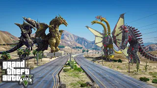 Mechagodzilla, Mecha Gidorah vs Kaizer King Ghidorah, Monster X ( GTA V Mods )