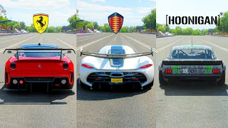 FH4 Drag Race - Ferrari 599XX Evo Vs Jesko Vs Ford Hoonigan