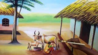 indian village nature drawing painting | farmer house painting | easy paint with biswanath