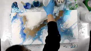 (860) Beautiful Blue, Turquoise and Gold Abstract Acrylic Pour Painting with Gold Spray Paint