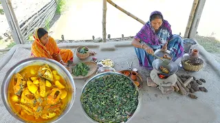 বাড়ির পুকুরে জাল ফেলে মাছ ধরে মাছের পাতলা ঝোল রান্না সাথে লাউশাক ভাজা || fish curry